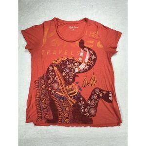Lucky Brand Elephant Graphic Tee XL Boho Festival Tribal Print Red Short Sleeve